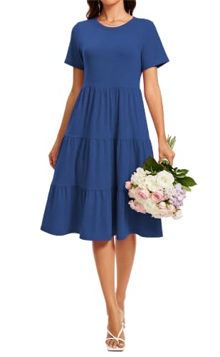 Image of Womens Summer Short Sleeve Crew Neck Midi Dress 2026 Casual Fit Flowy Tiered Beach Vacation Sundress with Pockets