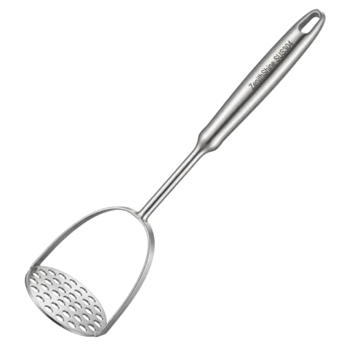 Potato Masher, Heavy Duty 304 Stainless Steel Potato Masher, One-Piece 37-Hole Plate for Smooth Mashing, Dishwasher Safe, Silicone Spatula Included