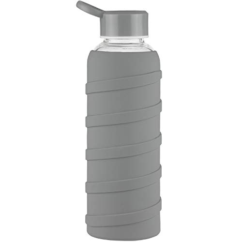 Ferexer Botella de Agua de Cristal Borosilicato con Funda de Silicona Sin BPA 480 ml Gris