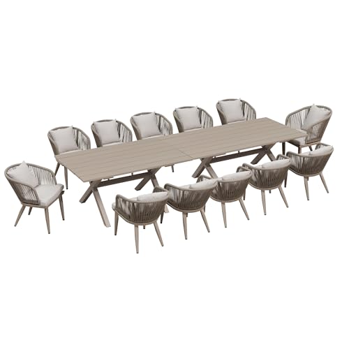 Image of PURPLE LEAF 14 Pieces Patio Dining Set Wicker Outdoor Furniture Rectangular Table and Chairs Set for Garden Deck Aluminum Frame Backyard Kitchen Set, Cushions and Pillows Included Champagne