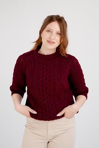 Image of Traditional Irish Sweater for Ladies Short Sleeve Cable Knit - 100% Merino Wool