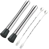 4Pcs 10'' Muddler and Spoon Set for Cocktails 304 Stainless Steel Fruit Smasher Home Bar Bartender Accessories Stirrers Mixing Tools for Mojitos Drinks Lemonade Stand Supplies