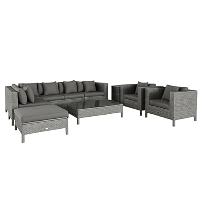 Outsunny 9-Piece PE Rattan Patio Furniture Set, Outdoor Extra Large Sectional Sofa with Loveseat, Coffee Table and Side Table, Chairs, Ottoman, Cushions, Gray