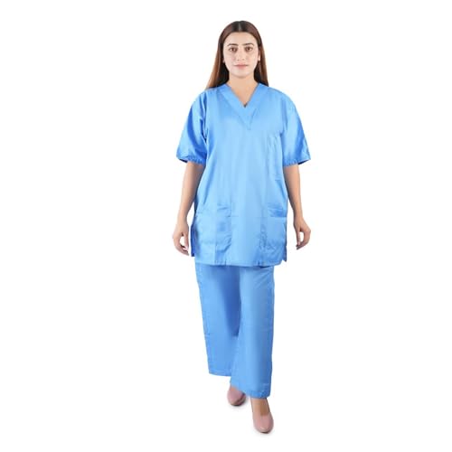 Image of Comfort Scrub Suit for Women - 5-Pocket Set with V Neck Top & Bottom, Half Sleeves, Breathable Fabric - Durable Uniform for Doctors, Nurses, and Dentists in Sky Blue (L, BLUE)