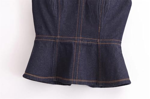 Women's Slim Fit Waist Pocket Decoration Denim Jacket Strapless High Waisted Pants Set3