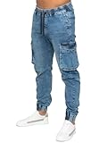 989Zé ENZO Mens Cargo Combat Jeans Elasticated Waist Cuffed Trousers Joggers (UK, Numeric, 36, Regular, Regular, Blue)