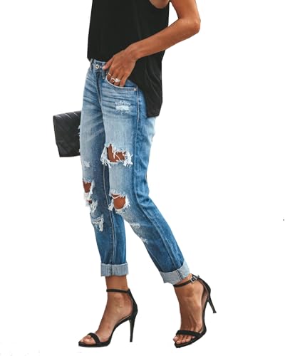 Women's Ripped Mid Waisted Boyfriend Jeans Loose Fit Distressed NO Stretchy Denim Pants2