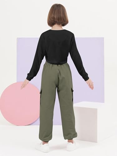 Image of SANGTREE Girls Fall Winter Clothing Sets, Girls Long Sleeve Crop Top and Cargo Jogger Pants Outfit Set,4T-14 Years