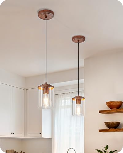 [Prime] 2-Pack EDISHINE Farmhouse Pendant Light w/ Wood Grain Finish & Clear Glass Shade (Walnut) - image 1