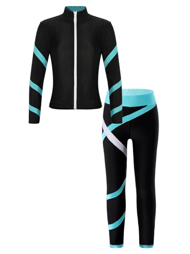 Miaeowve Girls Ice Skating Jacket with Figure Skating Leggings Tights Gymnastics Gym Training Workout Sport Suit Blue Green 11-12 Years