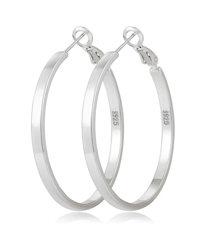 Geveay 925 Sterling Silver Hoops Earrings for Women Large Lightweight Silver Hoop Earrings 3mm Wide Thin Big Hoop Earrings for Women 30/40/50/60mm