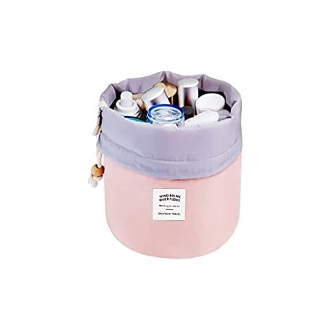 Women Travel Make Up Bag,Pouches Cosmetic Bags Girls Barrel Shaped Hanging Toiletry Wash Bags Nylon Drawstring Makeup Organizer Storage Bag + Small Zipper Pocket+PVC Transparent Brush Bag (Pink) Cover