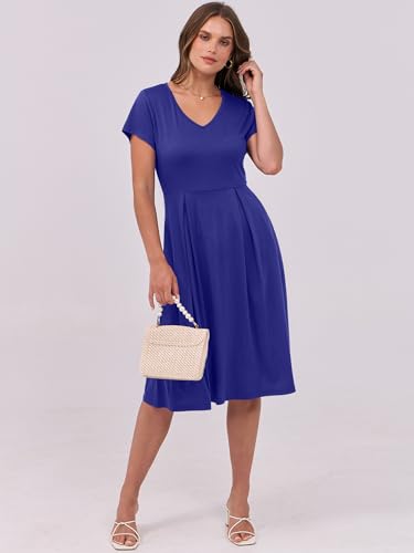 Image of ANRABESS Women Summer Dress Casual Short Sleeve V Neck A-Line Knee Length Pleated Flowy 2026 Fashion Midi Dresses with Pocket