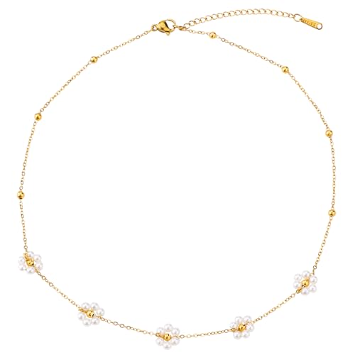Mikovivi Daisy Pearl Necklace for Women, Simple Daisy Choker Necklace Dainty Pearl Flower Necklace 5 Daisies Summer Trendy Gold Necklace Jewelry Gift for Women