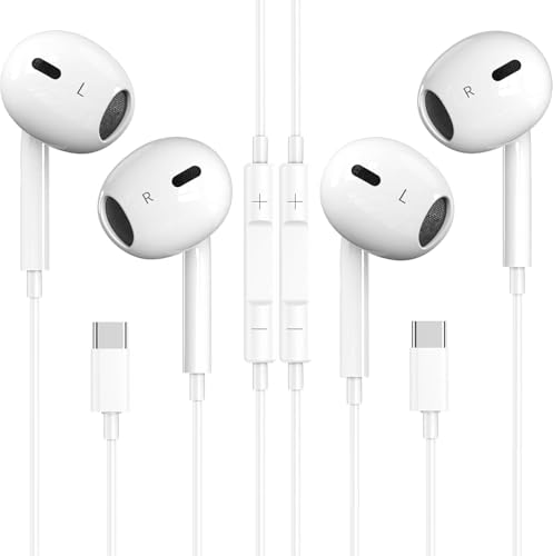 USB C Headphones, 2 Pack Type C Headphones Wired In Ear Earbuds With Mic & Volume Control Noise Cancelling for iPhone 15/16/17,iPad,Samsung Galaxy S25/S24/S23/S22/S21,Pixel 7/6,Huawei,White