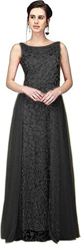Patlani Women's Net Embroidery Aline-Flered Gown Dress For Women Full Stitched Gown Ready To Wear.(All Over-Black-L)