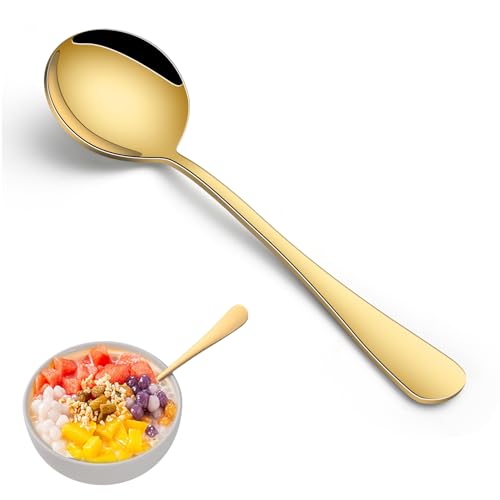 8-Piece Gold Soup Spoons Set 7.4 Inch Stainless Steel Round Spoon Mirror Polished Gold Kitchen Silverware Spoons for Dining & Party