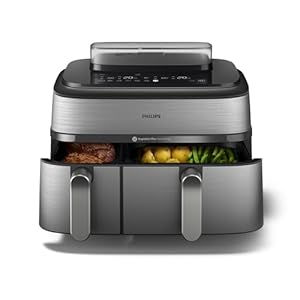 Philips Air Fryer 5000 Series Dual Basket with Steam – 9L Capacity, RapidAir Plus Technology for Juicy Chicken, Crusty Bread, 19 Cooking Programs, Steam Clean Function (NA555/09)