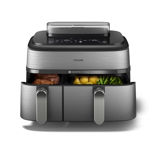 Philips Air Fryer 5000 Series Dual Basket with Steam – 9L Capacity, RapidAir Plus Technology for Juicy Chicken, Crusty Bread, 19 Cooking Programs, Steam Clean Function (NA555/09)