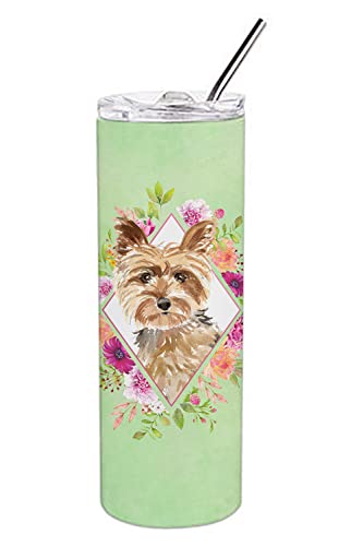 Review Discount Caroline's Treasures CK4357TBL20 Yorkie Green Flowers Double Walled Stainless Steel 20 oz Skinny Tumbler, 20 oz, multicolor