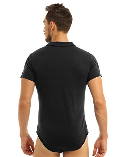 Men's Short Sleeve Turn-down Collar Button Crotch Shirt Bodysuit Snappies Rompers Jumpsuit2