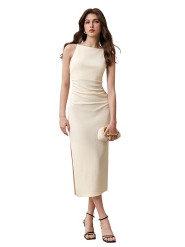 SweatyRocks Women's Sleeveless Sundress Ruched Bodycon Boat Neck Elegant Work