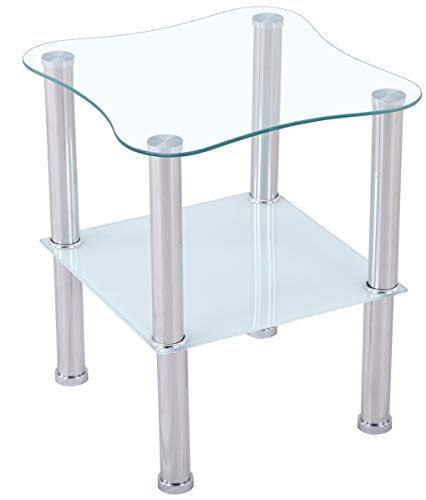 Euro Tische Beistelltisch aus Glas mit Ablage Satiniert abgerundet - 2-Ebenen-Design, Sicherheitsglas & Edelstahlbeine - abgerundet oder eckig -...