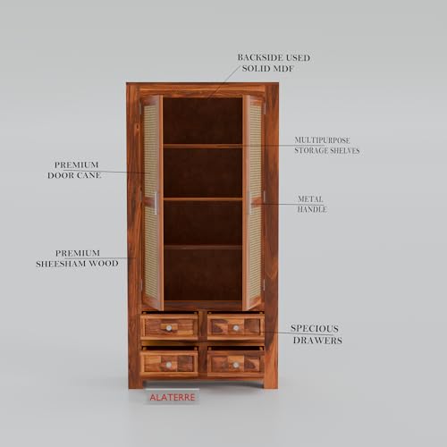 Image of Solid Sheesham Wood 2 Door Wardrobe with Cane Panels & 4 Drawers | Wooden Storage Cabinet with Shelves | Modern Bedroom Cupboard for Clothes & Storage (Honey Finish)