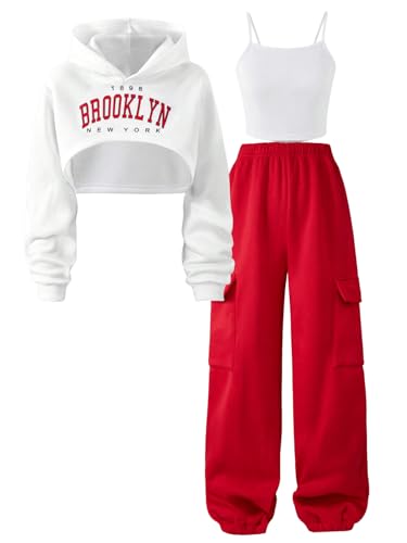 Image of Milumia Girl's 3 Piece Outfits Letter Print Hoodie Crop Top Cami Top Cargo Pants Set