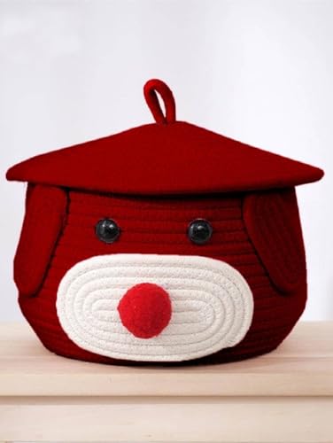 Image of BROOM Home Cute Baby Bear Handmade Jute Cotton Woven Storage Basket With Cap, Nursery Organizers And Storage,Kids Basket, Toy Bin, Baby Gift (Red)
