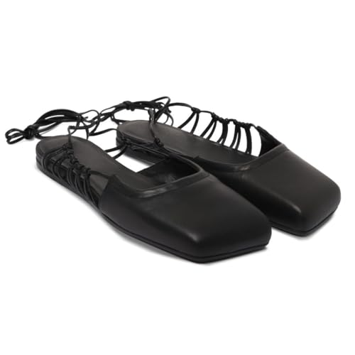 Women's Ankle Strap Ballet Flats Square Toe Slingback Ballerina Shoes Stylish Lace Up Comfortable Flat Shoes for Casual Vacation