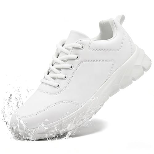 Non Slip Work Shoes for Men Waterproof Oil-Proof Food Service Restaurants Kitchen Chef Shoes Lightweight Comfy PU Leather Walking Sneakers Classic Office Fashion Casual Shoe C White