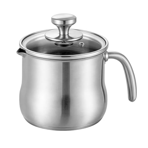 Olla para leche de 2 litros de acero inoxidable con tapa de cristal y vertedor, olla de inducción con asa, olla a fuego lento para pudin, para baño de agua, olla para fundir gas y todo tipo de fuegos