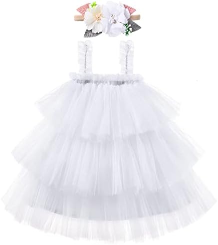 Baby Girl Tulle White Tutu Dress,Toddler Girls First Birthday Party Sleeveless Tutus Dresses Princess Sundress with Flower Headband 18 Months