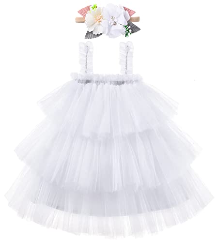Baby Girl Tulle White Tutu Dress,Toddler Girls First Birthday Party Sleeveless Tutus Dresses Princess Sundress With Flower Headband 18 Months #TOP1