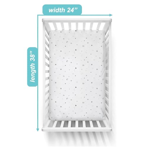 Image of American Baby Company 2 Pack Printed 100% Natural Cotton Jersey Knit Fitted Portable /Mini-Crib Sheet, Gray Star and White, Soft Breathable, for Boys and Girls