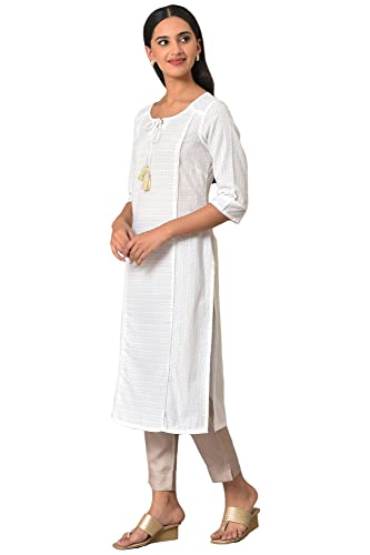 Image of Aurelia Women's Cotton Regular Fit Solid Regular Panelled Round Neck Kurta
