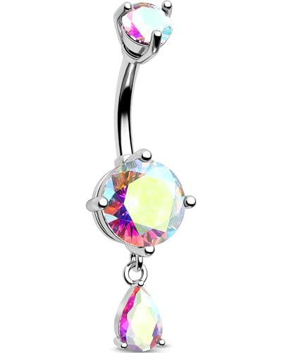 CM Crareesi Mania Belly Button Ring Dangle Belly Rings 316L Surgical Steel Belly Button Piercing Jewelry Teardrop Dangly Navel Ring for Women Aurora CZ