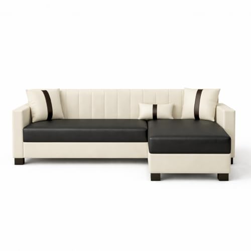 Image of SOCOZI Averique 4 Seater RHS L Shape Sofa Set |Premium Leatherette Upholstery | Modern Design | Plush Comfort Cushions for Living Room (Cream-Black)