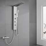 ROVOGO LED Duschpaneel ohne Armatur, 5 Funktionen Duschpaneel mit Regendusche, Massagedüsen, Handbrause, Wanneneinlauf und Temperaturanzeige, Schmal Duschsäule Edelstahl, Gebürstet