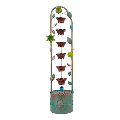 SUNNYGIFT 40" Vintage Metal Floor Water Fountain - Soothing Waterfall Outdoor Fountains with 6 Hanging Cups for Garden Patio Backyard Deck Decor, 1105 - Rusty Bronze Leaves