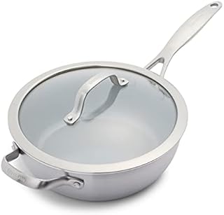GreenPan Venice Pro Tri-Ply Stainless Steel Healthy Ceramic Nonstick 24 cm/3.4 Litre Chef Saute Pan with Helper Handle and Lid, PFAS-Free, Multi Clad, Induction,Oven Safe, Silver