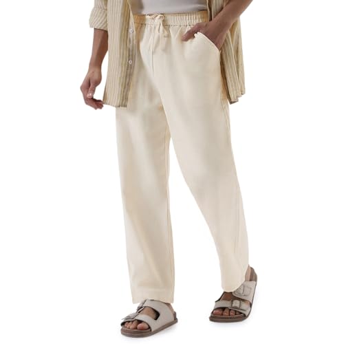 Image of Urbano Fashion Men's Loose Fit Solid Linen Blend Trousers Non-Stretchable