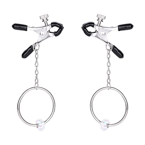 LANWAN O-Ring Upgraded Nipple Clamps Non-Piercing Adjustable Silver Nipple Clip with Pendants Women Body Jewelry Acessories (White)