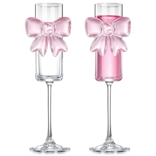 Reallnaive 2 Pcs Pink Bow Champagne Flutes for Wedding, High Feet