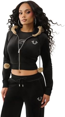 True Religion Women's Velour Crystal Shrunken Zip Hoodie | Hoodies for Women | Zip Up Hoodie Women | Cropped Hoodie, Jet Black, Large