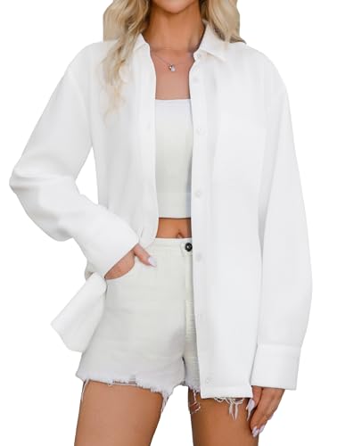 Esabel.C Womens Oversized Button Down Shirts Long Sleeve Dress Shirts Wrinkle Free Solid Blouses Tops with Pockets