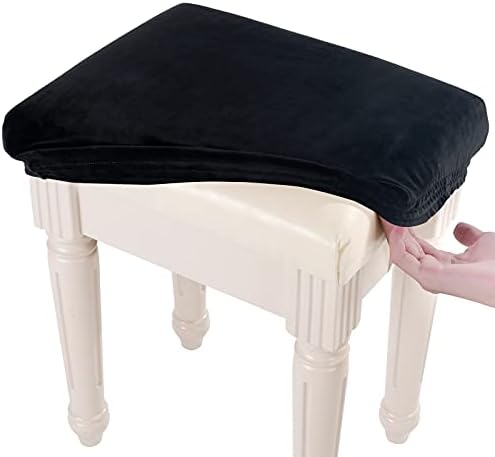 SINOSSO Soft Velvet Vanity Bench Cover, (15"- 19.5") L x (11.8"- 15.7") W Stretch Washable Rectangle Saddle Bar Stool Slipcover, (XS, Black)