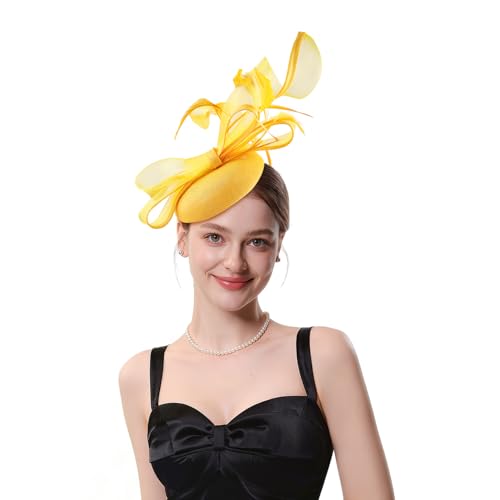 LATIMOON Fascinator Hats Tea for Women Party Hat Vintage Pillbox Kentucky Hat Headband Wedding Flower Feathers Hair Clip Gold