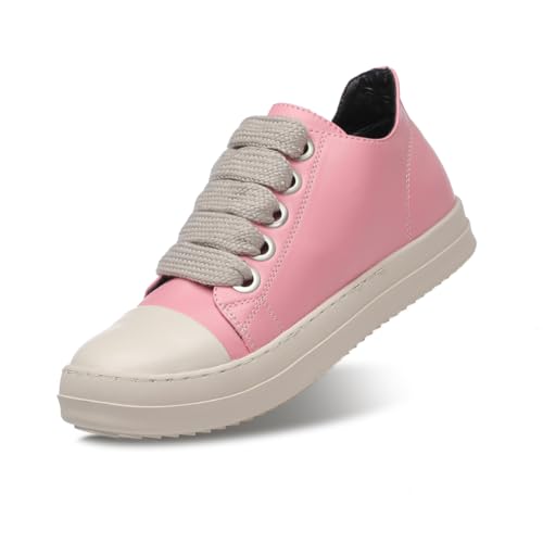 Generic Women's Low Top Casual Sneakers PU Leather Thick Laces Walking Shoes Comfy Platform Shoes Pink